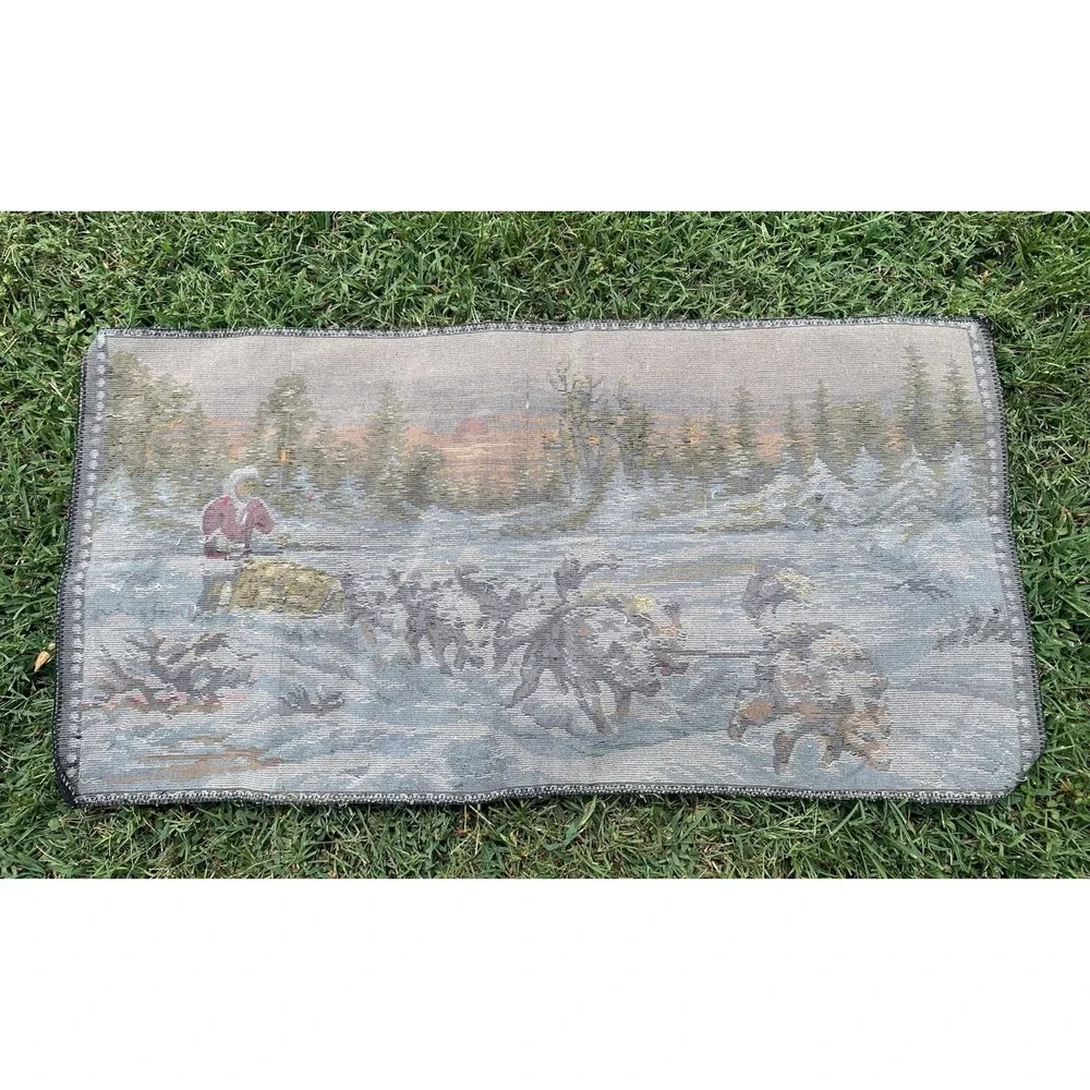 Vintage 60s Velvet Wall Tapestry Alaskan‎ Iditarod Dog Sledding Snowy Sunrise